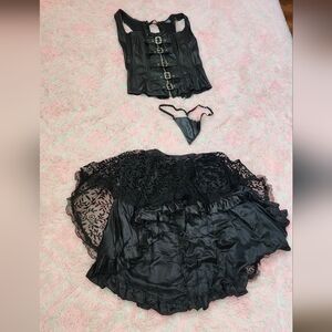 Strict Lace-Up Corset Vest and Thong (Color: Black, Size: XL)